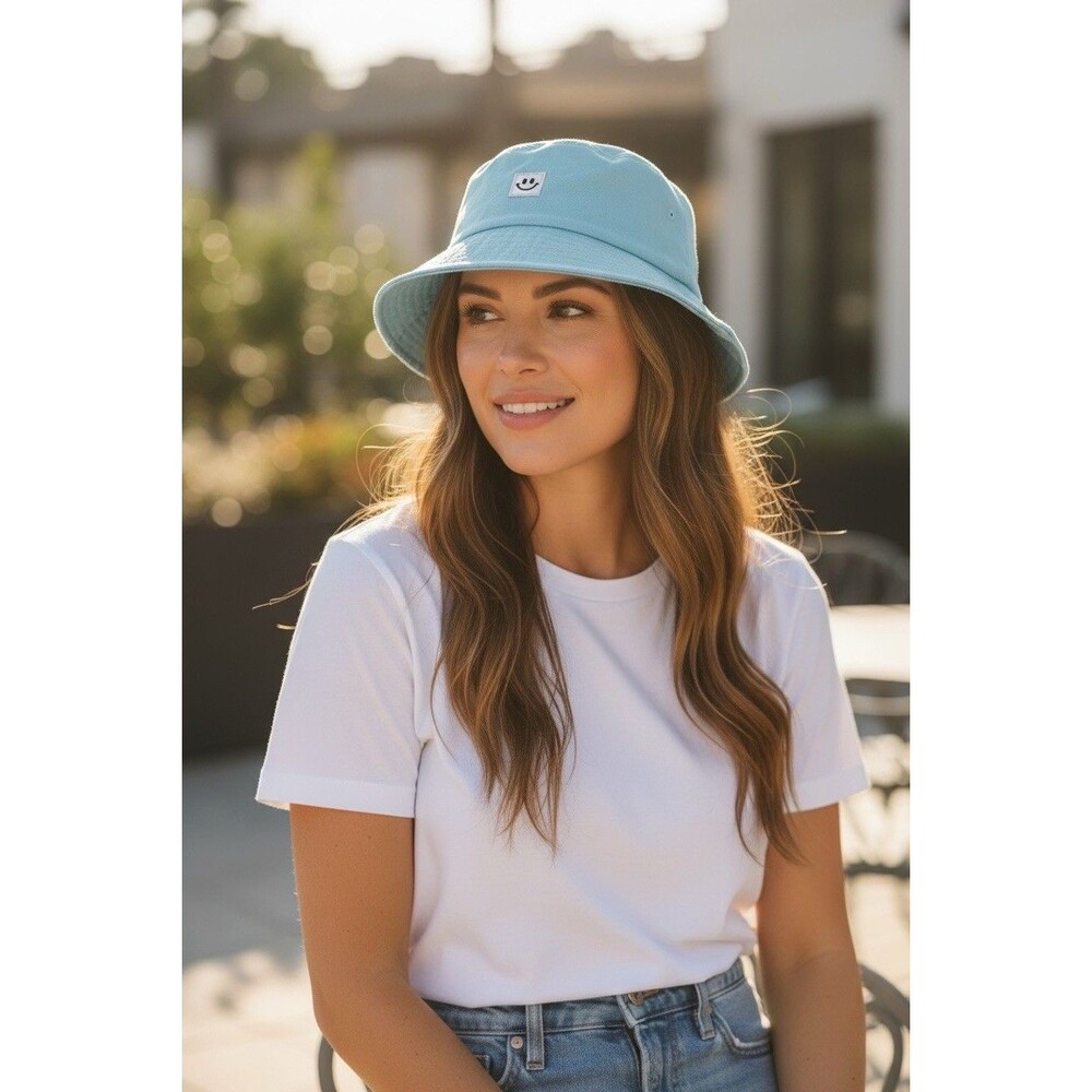 Women’s Blue Bucket Hat W Smiley Face Rubber Applique Sun Beach Outdoors Garden